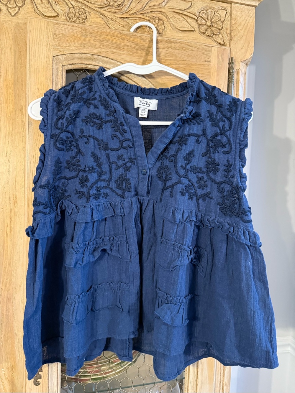 Myra Bag Navy Sleeveless Embroidered Ruffle Peasant Blouse
